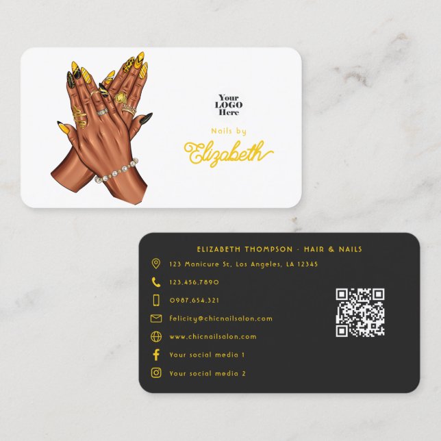 Bold Black and Yellow African American Nail Salon Business Card (Front/Back)