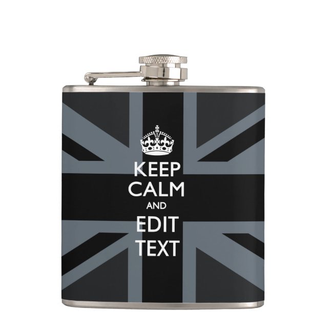 Bold Black Black  Keep Calm Your Text Union Jack Hip Flask (Front)