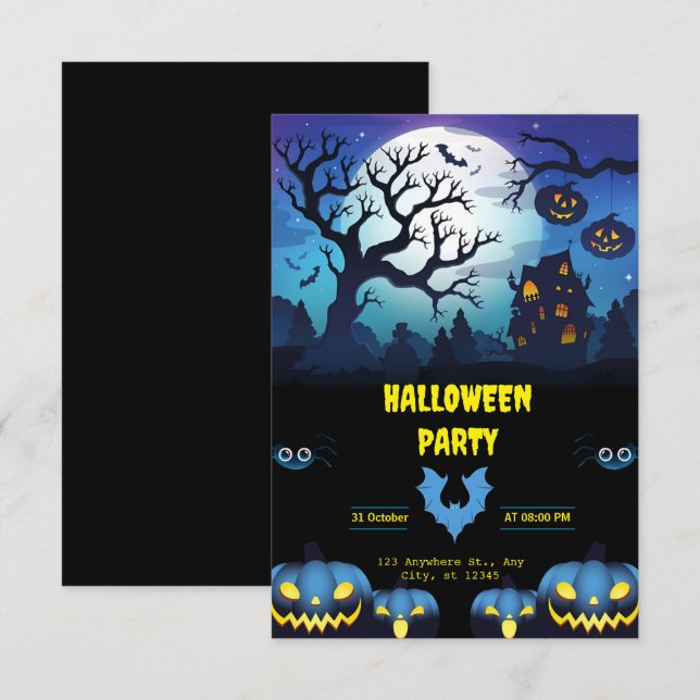 Bold Black & Blue Halloween Party Virtual  Invitation (Front/Back)