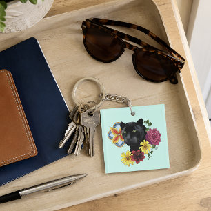 Bold Black Botanical Floral Panther Illustration Key Ring