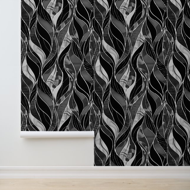 Bold Black Botanical Leaf Pattern Wallpaper (Application)