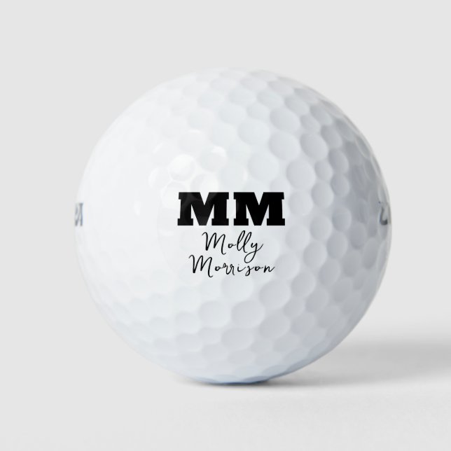 Bold Black Calligraphy Monogram & Name Golf Balls (Front)