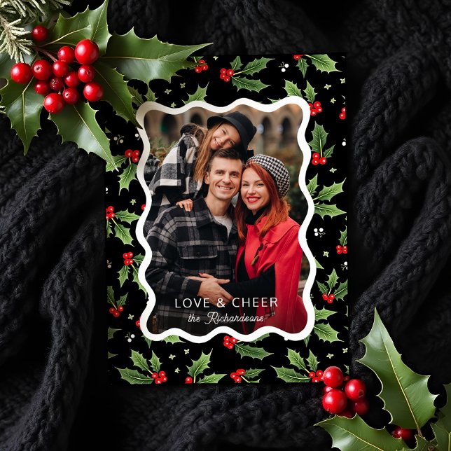Bold Black Christmas Holly Wavy Frame Photo Holiday Card (Creator Uploaded)