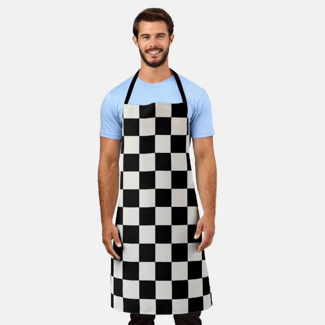 Bold Black Cream Chequered Pattern Apron (Worn)