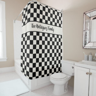Bold Black Cream Chequered Pattern Custom Name Shower Curtain