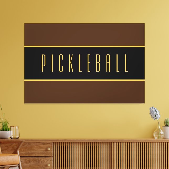 Bold Black Dark Brown Gold PICKLEBALL Stripes Canvas Print (Insitu(LivingRoom))