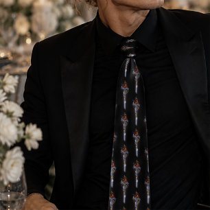 Bold Black Fantasy Dragon Sword Red Roses Tie
