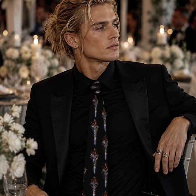 Bold Black Fantasy Dragon Sword Red Roses Tie (Creator Uploaded)