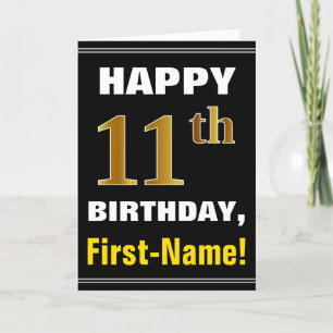 Bold, Black, Faux Gold 11th Birthday w/ Name Card