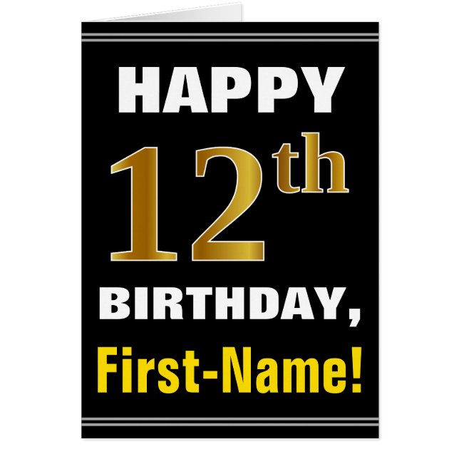 Bold, Black, Faux Gold 12th Birthday w/ Name Card (Front)