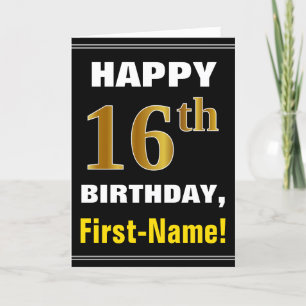 Bold, Black, Faux Gold 16th Birthday w/ Name Card