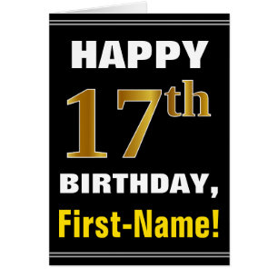 Bold, Black, Faux Gold 17th Birthday w/ Name Card