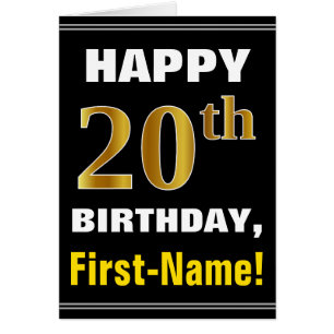 Bold, Black, Faux Gold 20th Birthday w/ Name Card