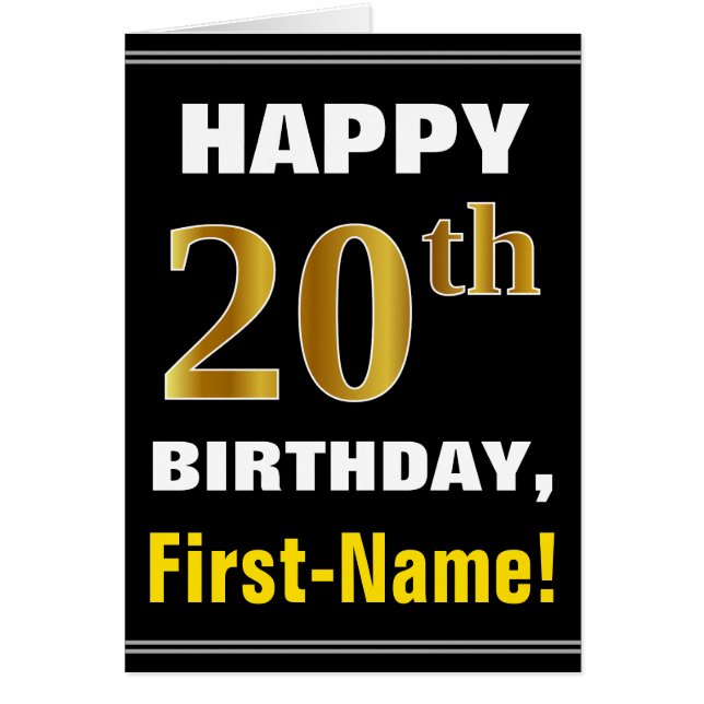 Bold, Black, Faux Gold 20th Birthday w/ Name Card (Front)