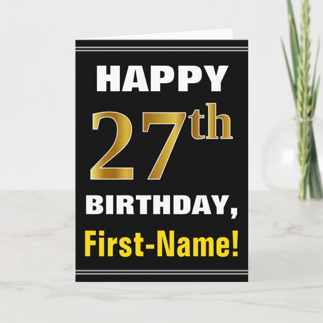 Bold, Black, Faux Gold 27th Birthday w/ Name Card (Front)