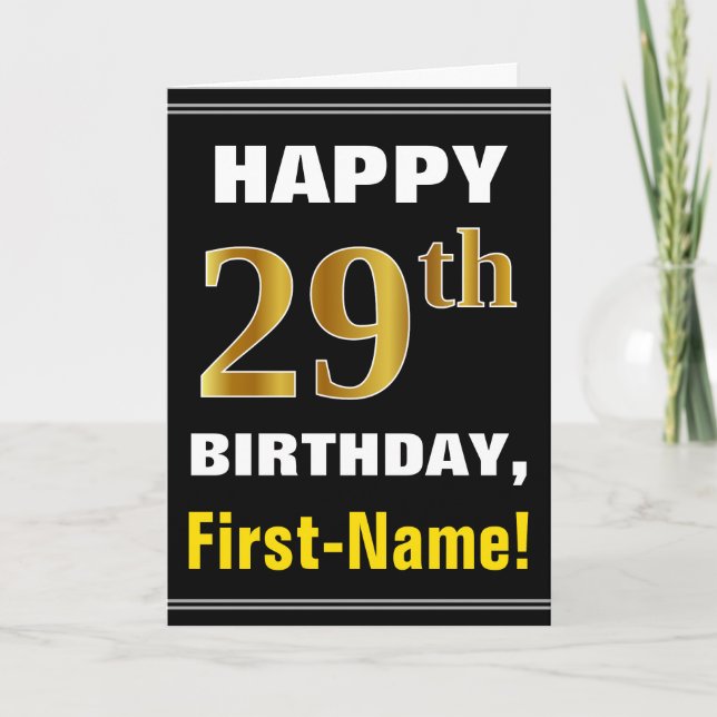Bold, Black, Faux Gold 29th Birthday w/ Name Card (Front)