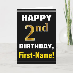 Bold, Black, Faux Gold 2nd Birthday w/ Name Card