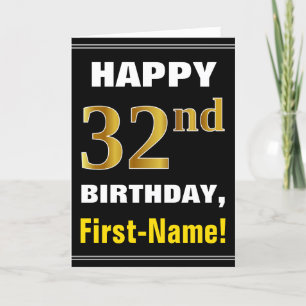 Bold, Black, Faux Gold 32nd Birthday w/ Name Card