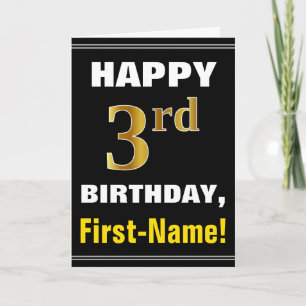 Bold, Black, Faux Gold 3rd Birthday w/ Name Card