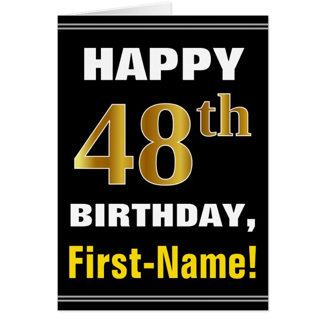 Bold, Black, Faux Gold 48th Birthday w/ Name Card (Front)