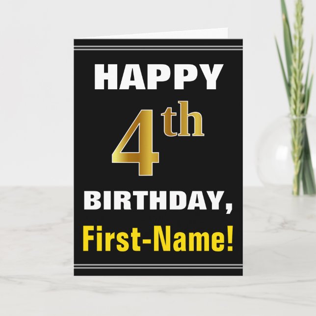 Bold, Black, Faux Gold 4th Birthday w/ Name Card (Front)