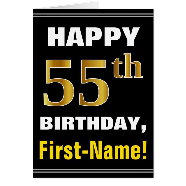 Bold, Black, Faux Gold 55th Birthday w/ Name Card (Front)