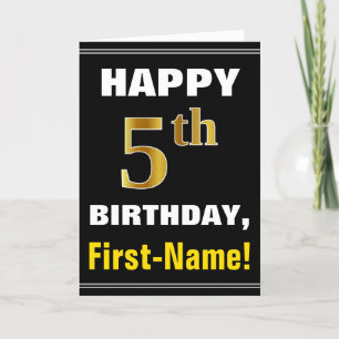 Bold, Black, Faux Gold 5th Birthday w/ Name Card