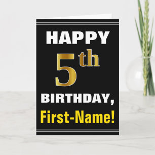 Bold, Black, Faux Gold 5th Birthday w/ Name Card