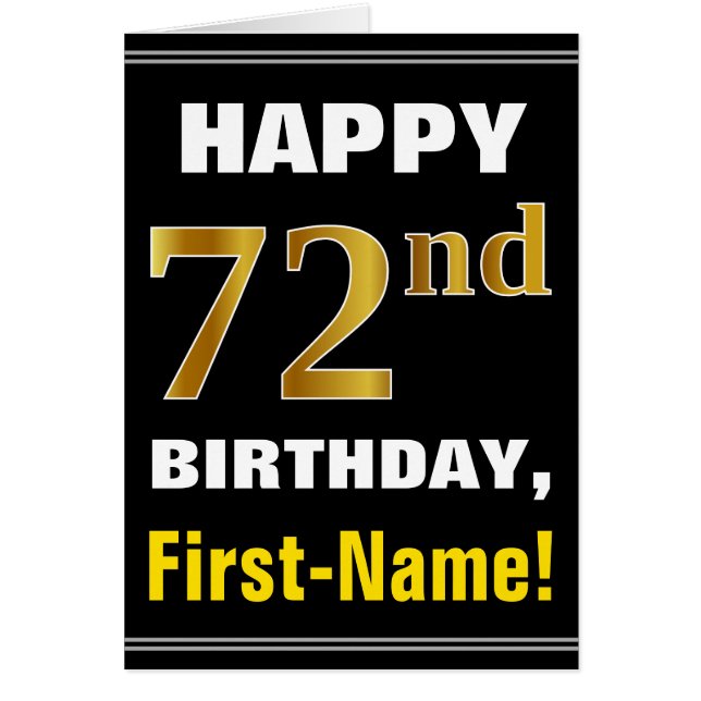 Bold, Black, Faux Gold 72nd Birthday w/ Name Card (Front)