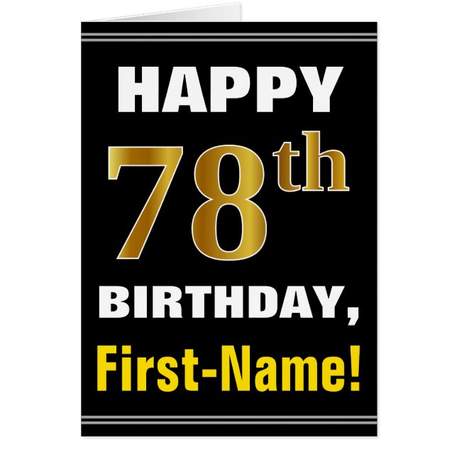 Bold, Black, Faux Gold 78th Birthday w/ Name Card (Front)