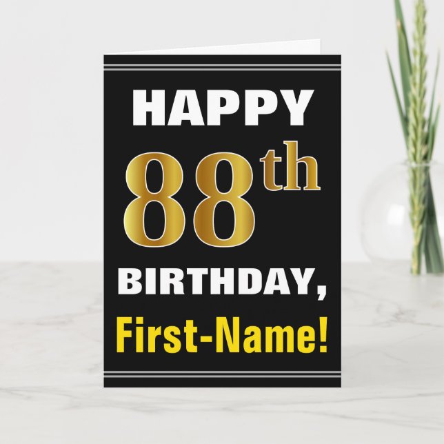 Bold, Black, Faux Gold 88th Birthday w/ Name Card (Front)