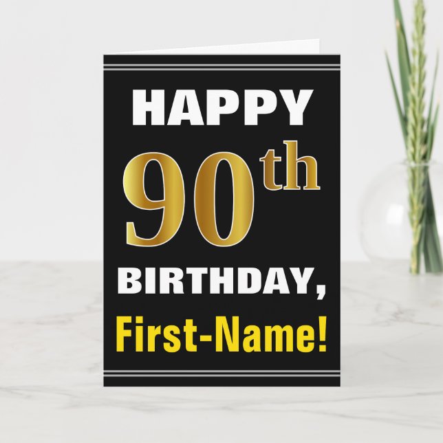 Bold, Black, Faux Gold 90th Birthday w/ Name Card (Front)