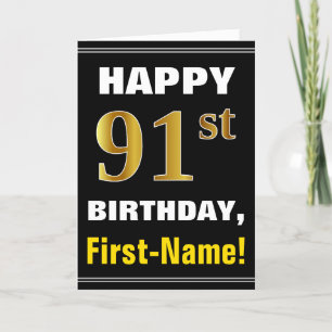 Bold, Black, Faux Gold 91st Birthday w/ Name Card