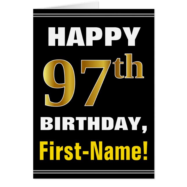 Bold, Black, Faux Gold 97th Birthday w/ Name Card (Front)