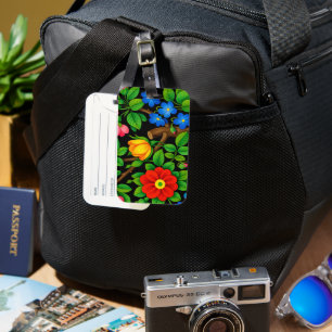 Bold Black Floral Folk Art Luggage Tag