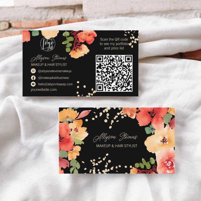 Bold black floral gold makeup hair logo qr code business card (Bold fall floral gold makeup hair logo qr code business card on black)