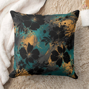 Bold Black Floral Silhouette with Teal & Mustard Cushion