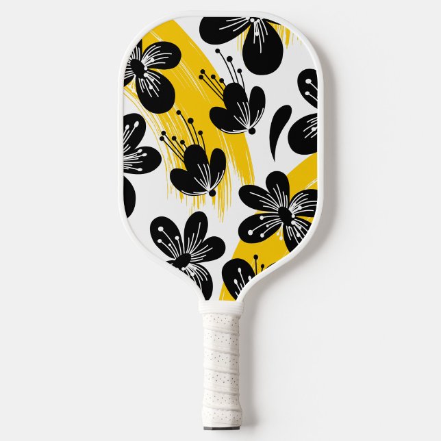 Bold Black Floral with Yellow Brushstroke accents Pickleball Paddle ("Floral power, game on")