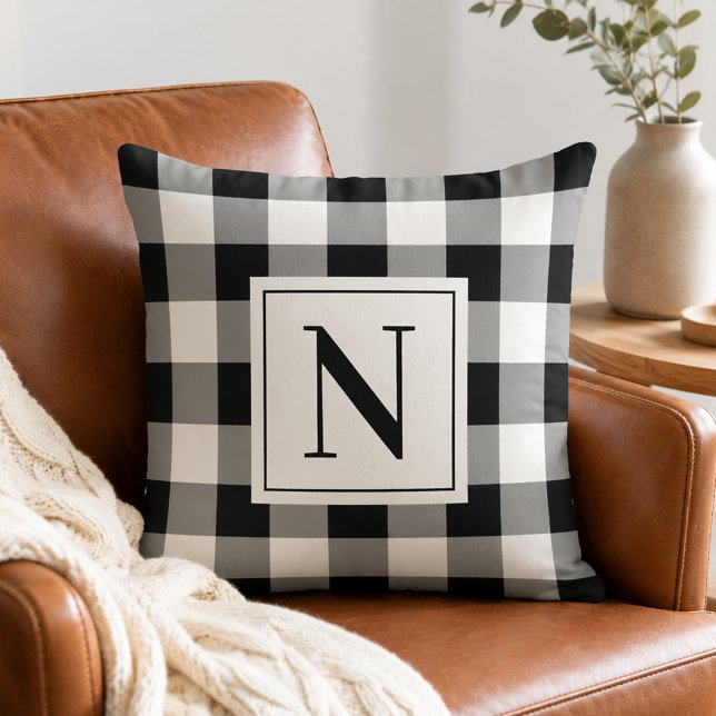 Bold Black Gingham Check Monogram Initial Cushion (Creator Uploaded)