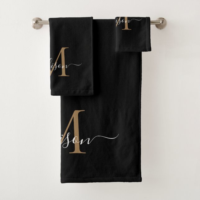 Bold Black Gold Monogram Modern Script Name Bath Towel Set (Insitu)