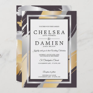 BOLD Black-Gold-Silver BrushStrokes BarefootBride™ Invitation