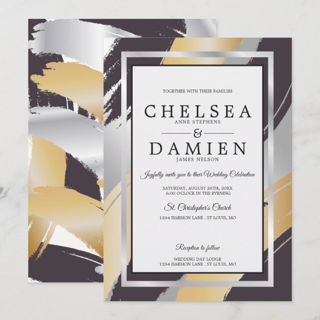 BOLD Black-Gold-Silver BrushStrokes BarefootBride™ Invitation (Front/Back)