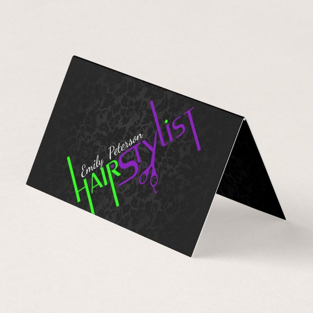 Bold Black Green And Purple Hair Stylist Text Business Card (Front)