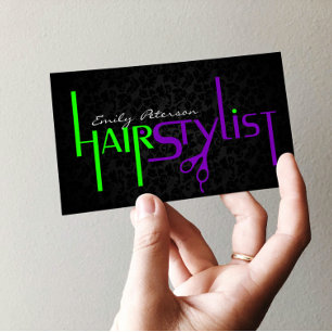 Bold Black Green And Purple Hair Stylist Text Business Card