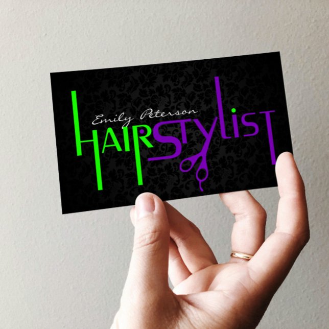 Bold Black Green And Purple Hair Stylist Text Business Card (Creator Uploaded)