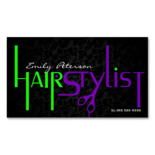 Bold Black Green And Purple Hair Stylist Text Magnetic Business Card