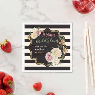 Bold Black, Ivory Stripes, Floral Bridal Shower Napkin
