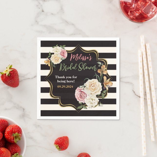Bold Black, Ivory Stripes, Floral Bridal Shower Napkin (Insitu)