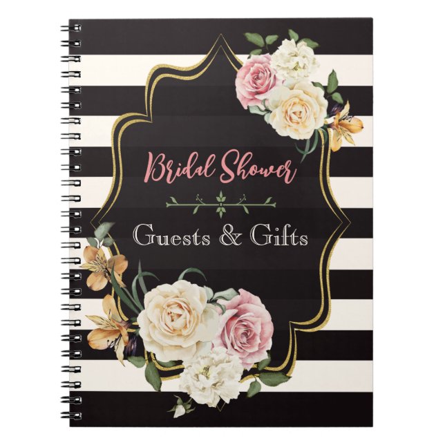 Bold Black, Ivory Stripes, Floral Guests and Gifts Notebook (Front)