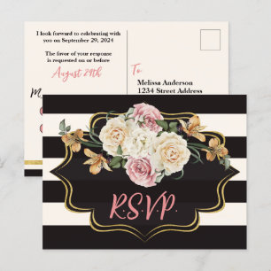 Bold Black, Ivory Stripes, Florals RSVP Postcard